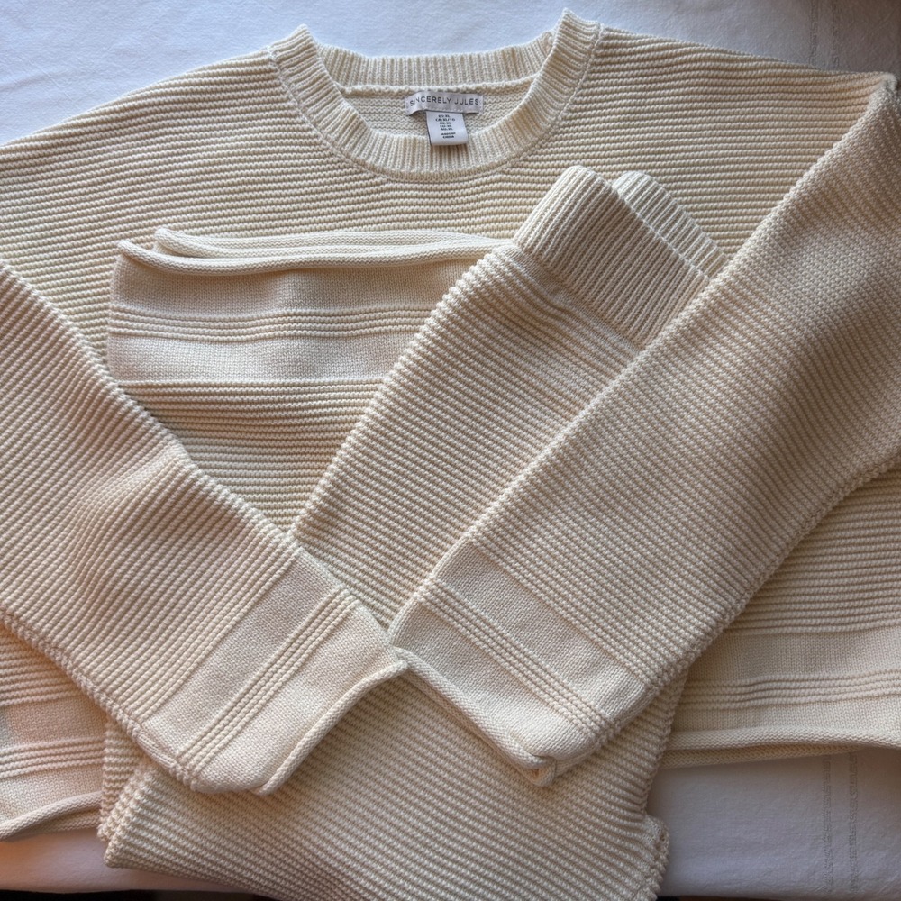 Sincerely Jules Sweater Pants SET Cream Ribbed Knit Pullover Wide Leg XL Minimal